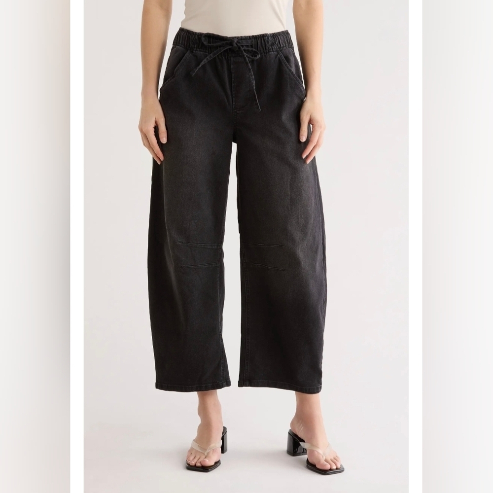 BNWT VIGOSS Barrel Leg Jeans Charcoal High Rise 15/32 Curved Distressed Cropped